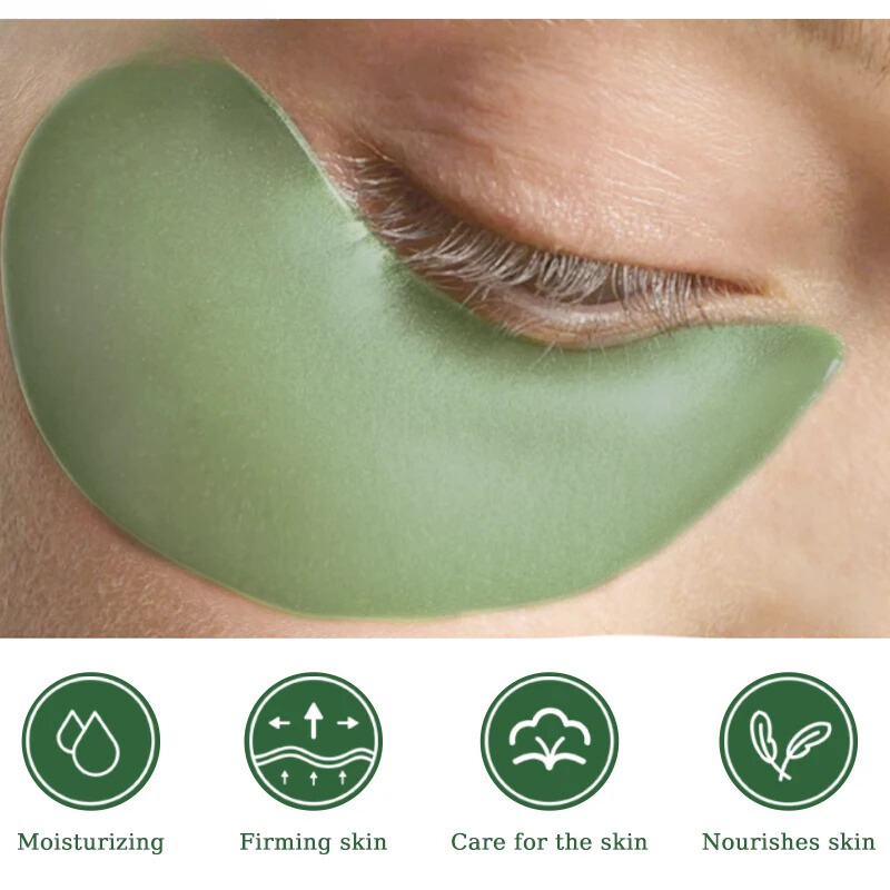 Maschera occhi idratante verde su pelle, riduce gonfiore e occhiaie. Cura della pelle, effetto rassodante e nutriente. Patch occhi skincare.