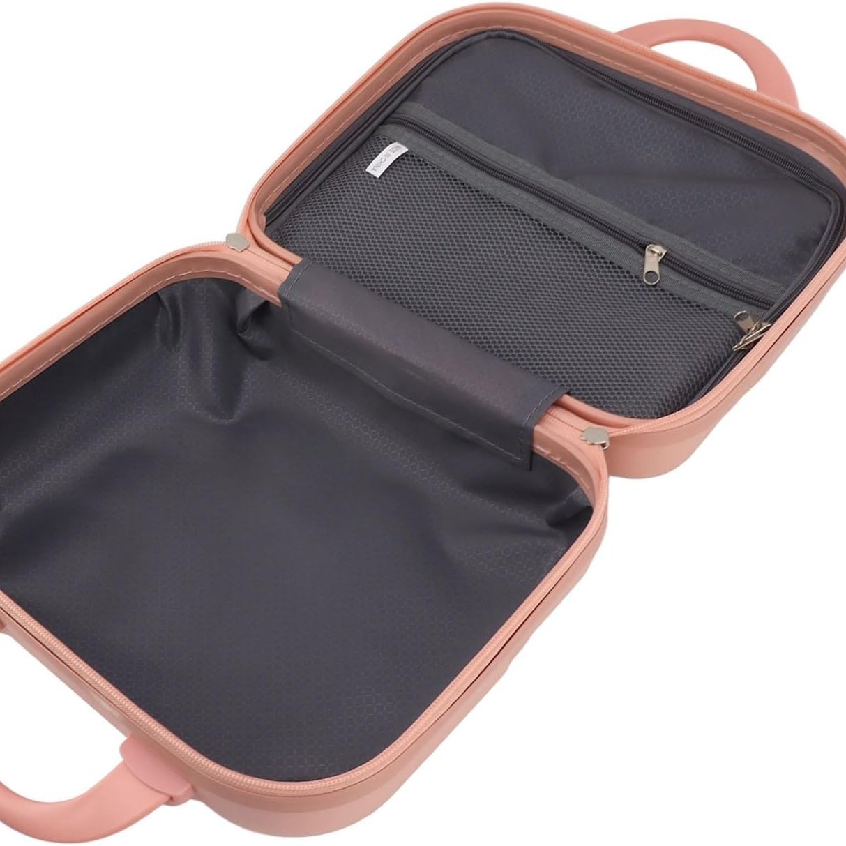 Valigia rigida rosa aperta, con tasca interna a rete e cerniera, design compatto per viaggi, bagaglio a mano, organizzazione efficiente.