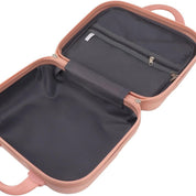 Valigia rigida rosa aperta, con tasca interna a rete e cerniera, design compatto per viaggi, bagaglio a mano, organizzazione efficiente.