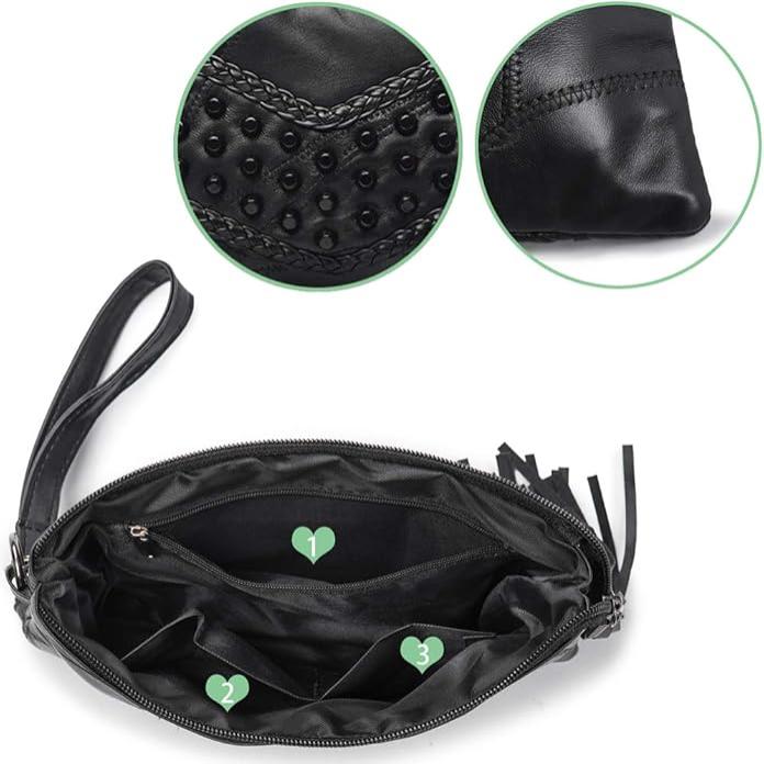 Borsa a mano nera in pelle con dettagli intrecciati, chiusura a zip, scomparti interni numerati, design elegante e moderno.