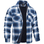 Camicia a quadri blu e bianca da uomo, imbottita e foderata, con tasche frontali e bottoni. Ideale per l'inverno, stile casual e confortevole.