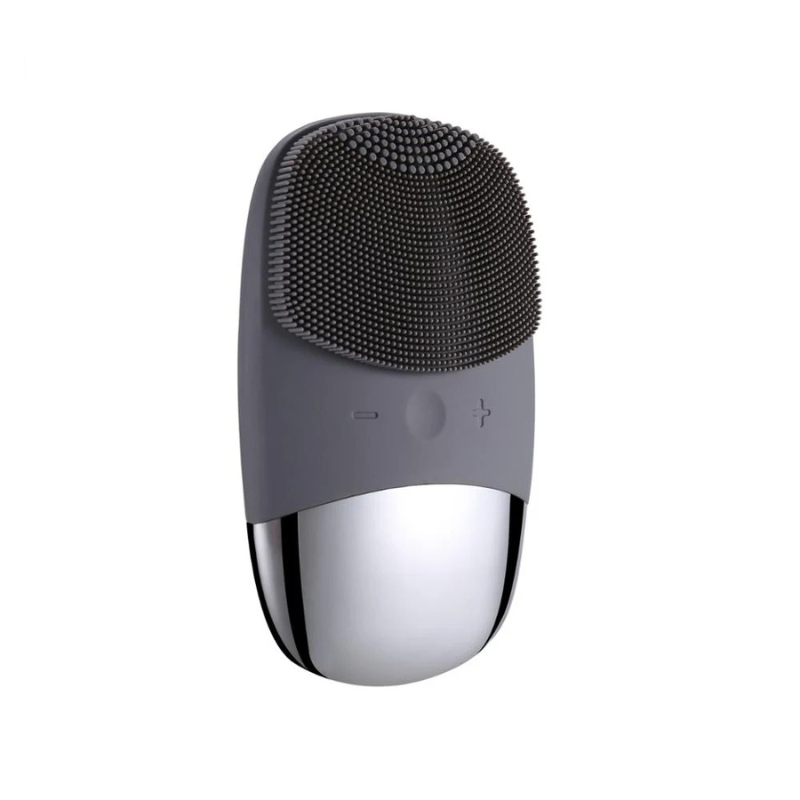 Dispositivo di pulizia viso in silicone grigio, spazzola elettrica per esfoliazione e massaggio, impermeabile, ricaricabile, cura della pelle.