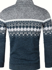 Maglione uomo invernale grigio e blu, motivo geometrico nordico, collo alto, maniche lunghe, tessuto caldo e morbido, moda casual elegante.
