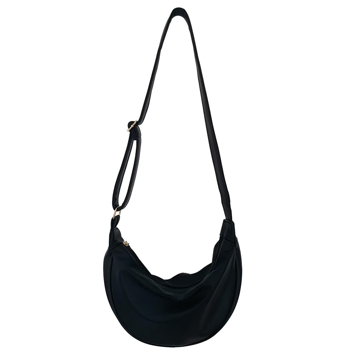 Borsa a tracolla nera in pelle sintetica, design a mezzaluna, chiusura con zip, regolabile, elegante e versatile per donna.
