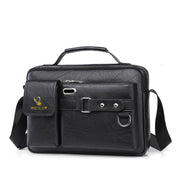 Borsa a tracolla in pelle nera con tasche multiple, cerniere e logo dorato. Design elegante e funzionale, ideale per lavoro e viaggio.