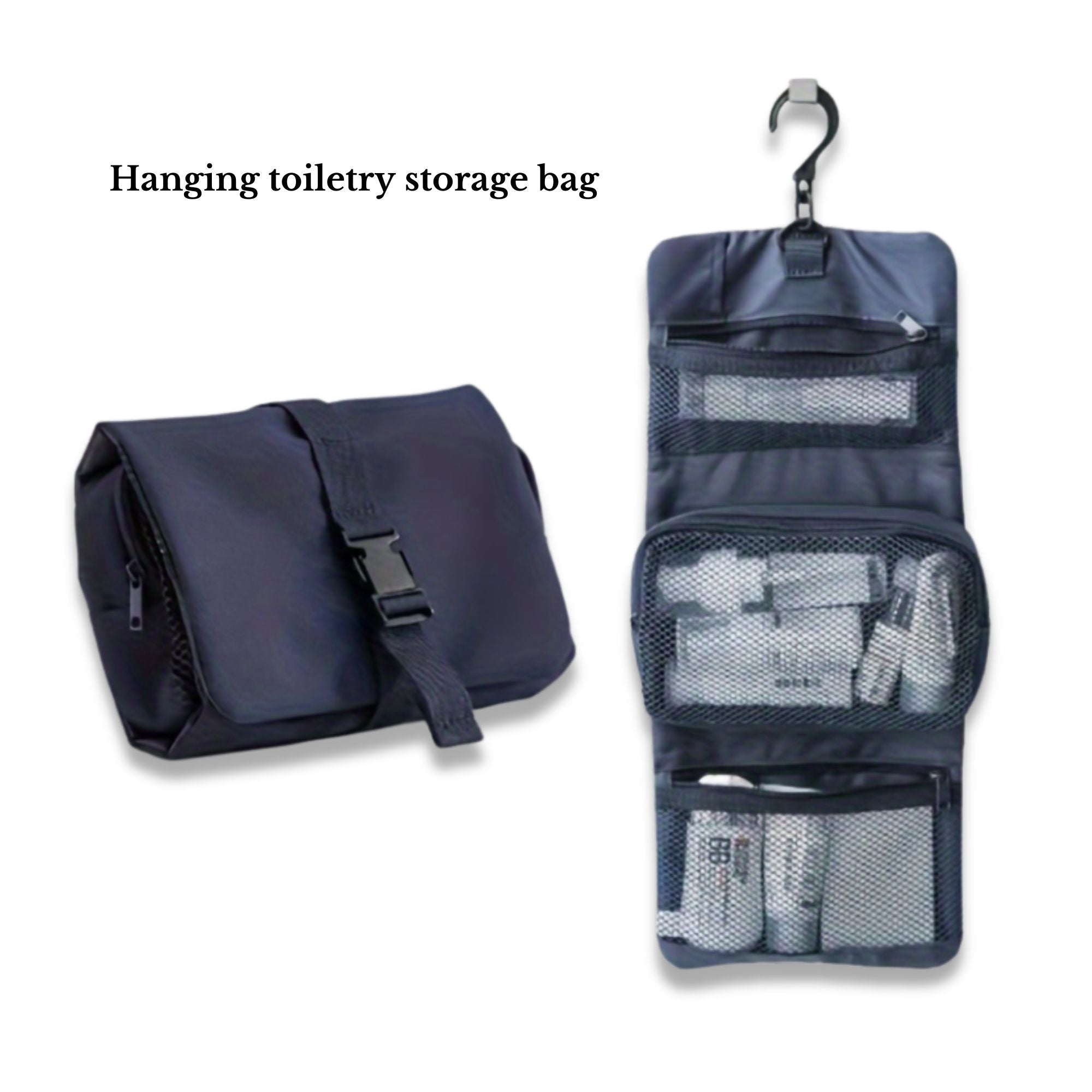 Borsa da toilette sospesa nera con gancio, scomparti a rete e chiusura a fibbia, ideale per organizzare prodotti da viaggio e cosmetici.