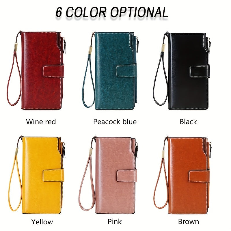 Portafoglio in pelle PU disponibile in sei colori: rosso vino, blu pavone, nero, giallo, rosa, marrone. Design elegante con cinturino da polso.