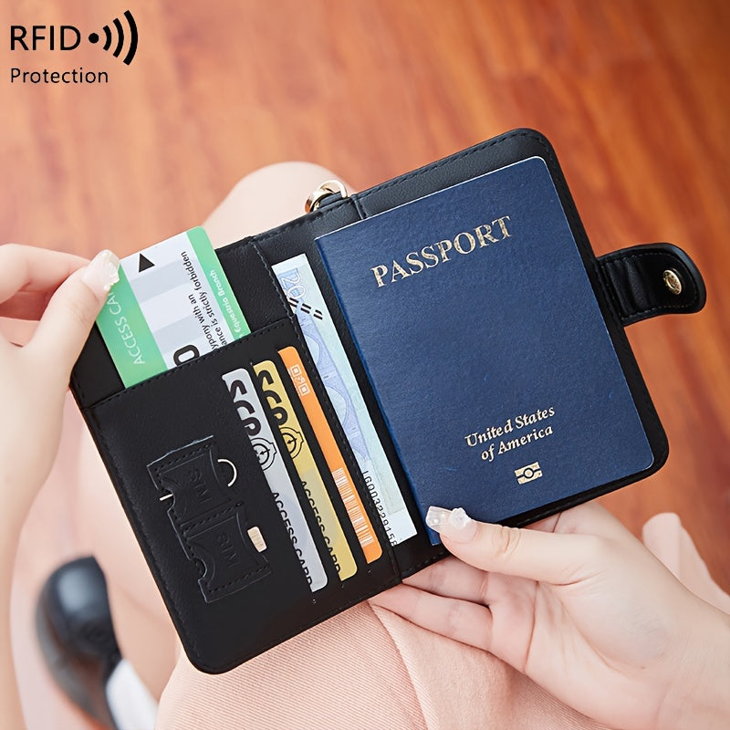 Portafoglio da viaggio in pelle nera con protezione RFID, contenente passaporto, carte di credito e tessere. Accessorio elegante e sicuro.