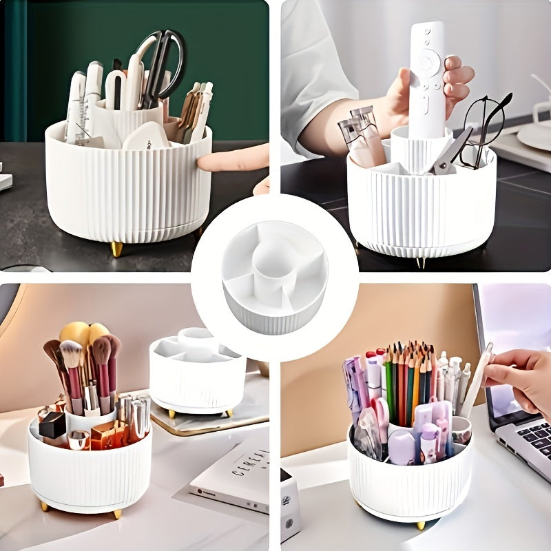 Organizzatore da scrivania bianco rotante con scomparti, ideale per penne, pennelli e telecomandi. Design elegante, perfetto per ufficio e casa.