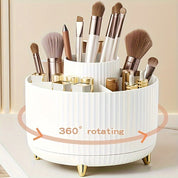 Porta trucchi rotante a 360 gradi, bianco, con scomparti per pennelli e cosmetici. Organizer da toeletta elegante e funzionale per il trucco.