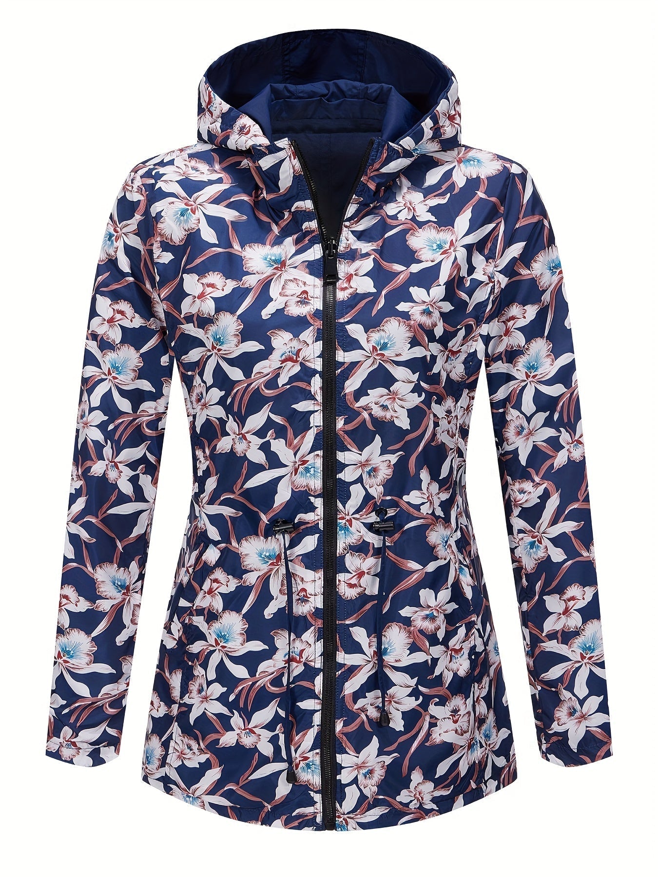 Giacca impermeabile donna con cappuccio, motivo floreale blu e bianco, chiusura zip, ideale per pioggia e outdoor. Moda autunnale elegante.