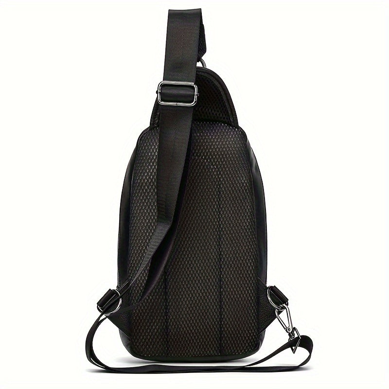 Zaino monospalla nero in pelle e tessuto, design moderno, cinturino regolabile, ideale per uomo, perfetto per viaggi e uso quotidiano.