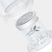 Esploso di un dispositivo elettrico per la rimozione dei pelucchi, con lame in acciaio inox e griglia protettiva, design moderno e compatto.