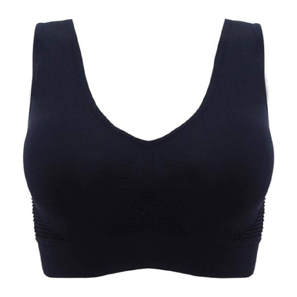 Reggiseno sportivo nero senza cuciture, design confortevole, supporto medio, ideale per attività fisica. Materiale traspirante e elasticizzato.