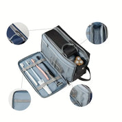 Borsa da viaggio nera e grigia con scomparti multipli, include spazzolini, dentifricio e accessori. Ideale per organizzazione e trasporto.