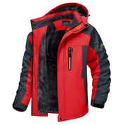 Giacca da sci impermeabile rossa e nera con cappuccio, tasca con zip, interno in pile, ideale per sport invernali e attività all'aperto.