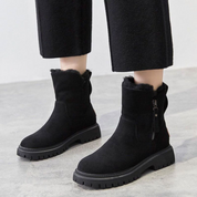 Stivali invernali neri da donna con suola antiscivolo, chiusura a zip laterale, foderati in pelliccia sintetica, ideali per look casual e freddo.