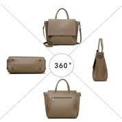Borsa a mano in pelle marrone, design elegante, vista a 360 gradi, tracolla regolabile, tasca posteriore con zip, moda donna, accessorio versatile.