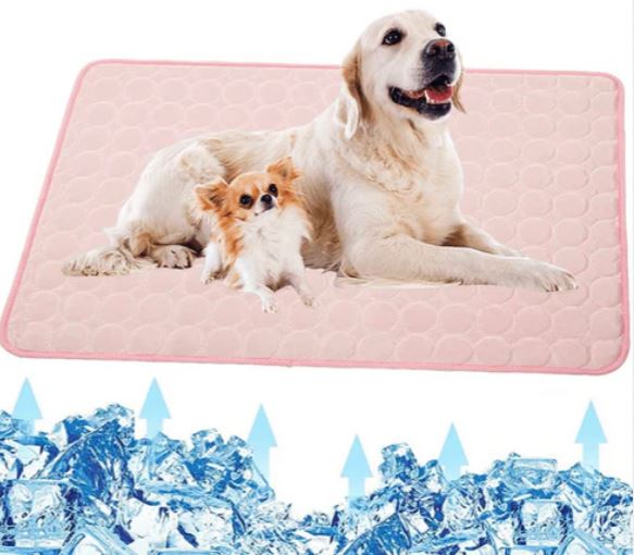 Due cani su tappetino refrigerante rosa, con frecce blu che indicano il raffreddamento. Ideale per animali domestici, comfort estivo, sollievo dal caldo.