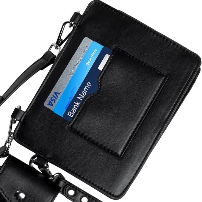 Portafoglio nero in pelle con tasca esterna, carte di credito visibili. Design elegante, accessorio moda uomo/donna, pratico e compatto.