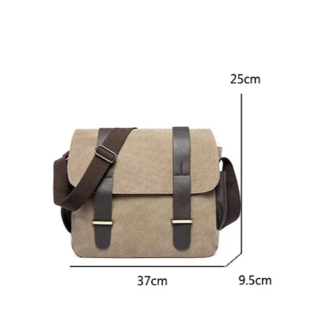 Borsa a tracolla in tela beige con cinturini marroni, dimensioni 37x25x9,5 cm. Design elegante e pratico per uomo e donna.