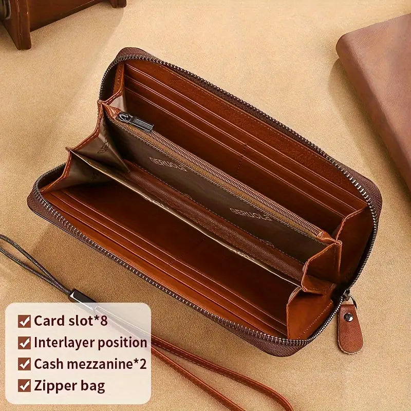 Portafoglio in pelle marrone con cerniera, scomparti multipli per carte, contanti e monete. Design elegante e funzionale, ideale per uomo e donna.