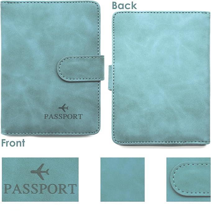 Custodia passaporto in pelle blu, design elegante con chiusura a bottone. Ideale per viaggi, protezione documenti, accessorio da viaggio essenziale.