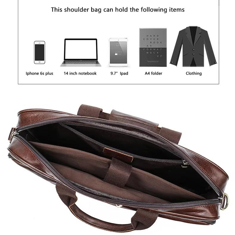 Borsa a tracolla in pelle marrone con scomparti spaziosi, adatta per iPhone 6s Plus, notebook 14", iPad 9.7", cartella A4 e abbigliamento.