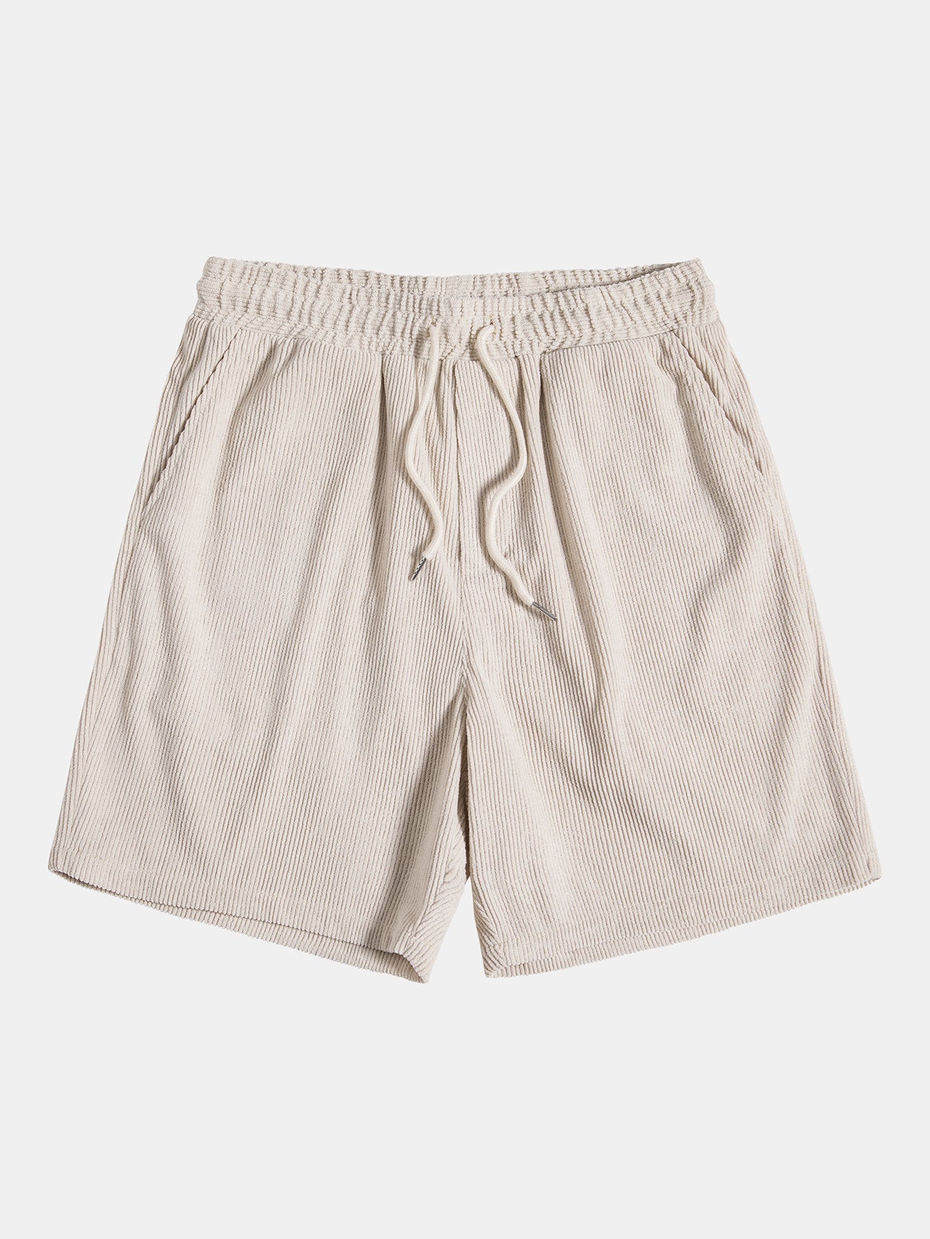 Pantaloncini beige a righe, elastico in vita con laccio, tasche laterali. Ideali per l'estate, moda casual uomo.