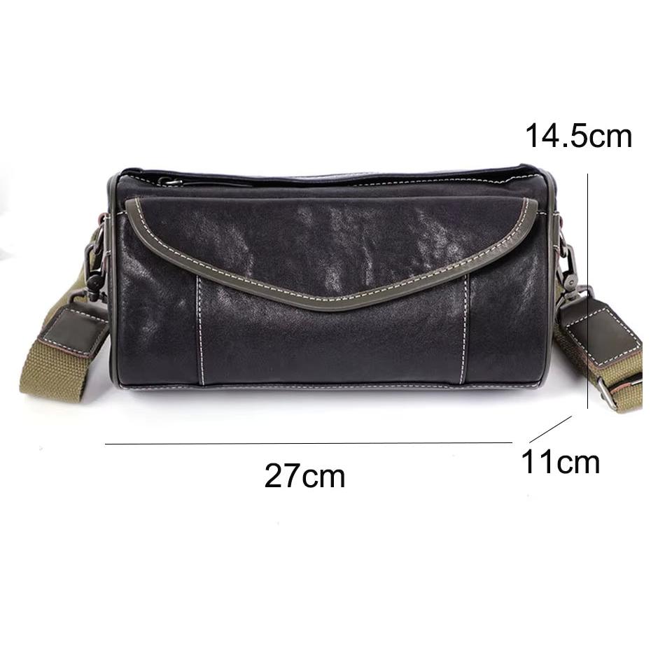 Borsa a tracolla in pelle nera, dimensioni 27x11x14.5 cm, con tracolla regolabile. Design elegante e pratico per uomo e donna.
