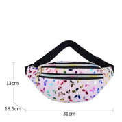 Marsupio multicolore con stampa foglie, dimensioni 31x13x18,5 cm, cerniera dorata, cintura regolabile nera. Accessorio moda pratico e trendy.