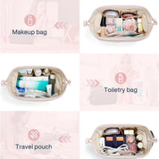 Borsa da trucco beige con scomparti, ideale per cosmetici, articoli da toeletta e accessori da viaggio. Organizzazione pratica e versatile.