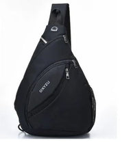 Zaino monospalla nero DXYZU, design moderno, tasche con zip, ideale per viaggi e uso quotidiano. Accessorio moda pratico e versatile.