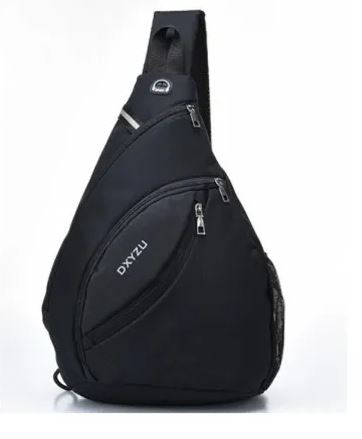 Zaino monospalla nero DXYZU, design moderno, tasche con zip, ideale per viaggi e uso quotidiano. Accessorio moda pratico e versatile.