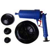 Pompa sturalavandini a pressione blu con accessori neri, ideale per sturare lavandini e tubature. Strumento idraulico efficace e versatile.