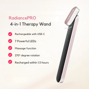 Bacchetta terapia 4-in-1 RadiancePRO, ricaricabile USB-C, 7 LED potenti, funzione massaggio, rotazione 270°, ricarica in 1,5 ore.