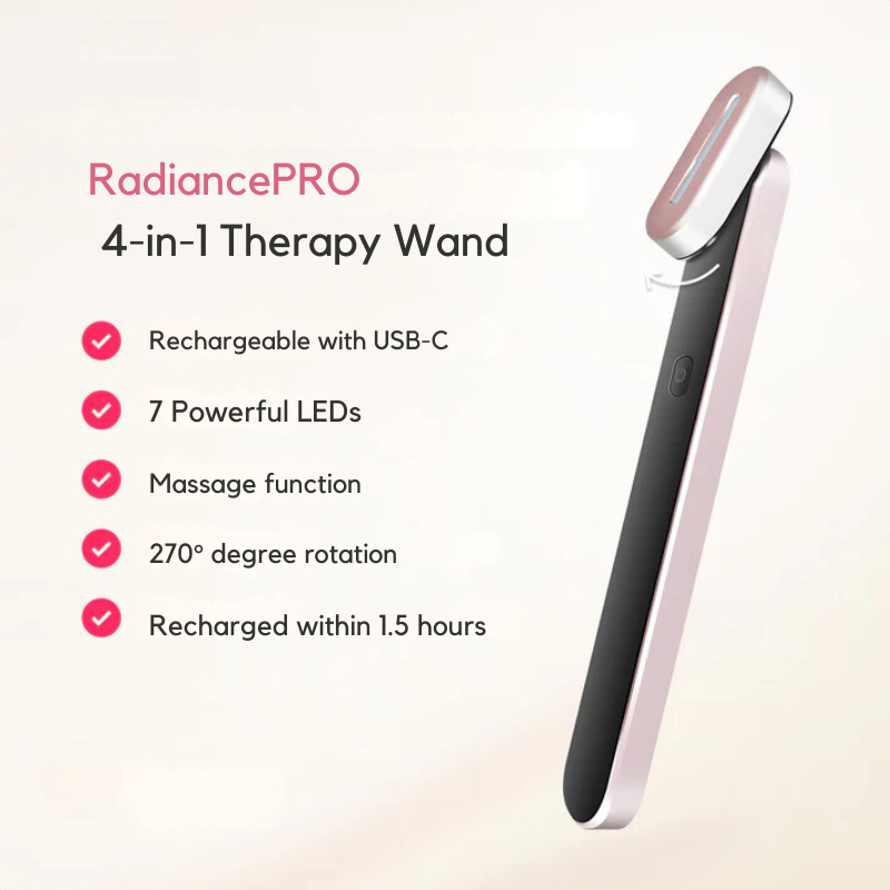 Bacchetta terapia 4-in-1 RadiancePRO, ricaricabile USB-C, 7 LED potenti, funzione massaggio, rotazione 270°, ricarica in 1,5 ore.