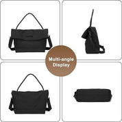 Borsa a tracolla nera in tessuto, design multi-angolo, manico intrecciato, chiusura superiore, ideale per moda donna, accessorio versatile e elegante.