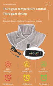 Scaldacollo elettrico grigio con telecomando, controllo temperatura a tre livelli: 65°C, 55°C, 45°C. Design elegante, opzioni multiple.