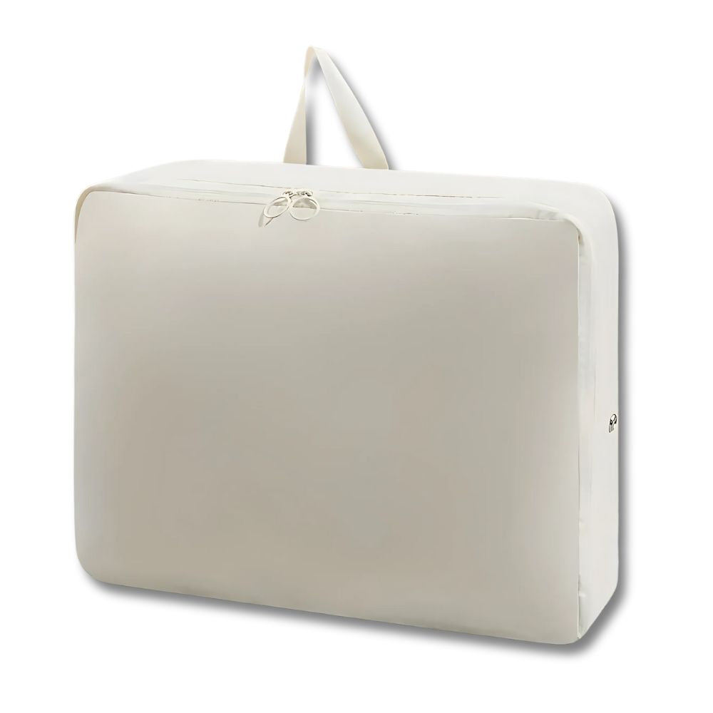 Custodia per abiti bianca con cerniera, maniglia superiore, design rettangolare. Ideale per protezione e trasporto di vestiti.