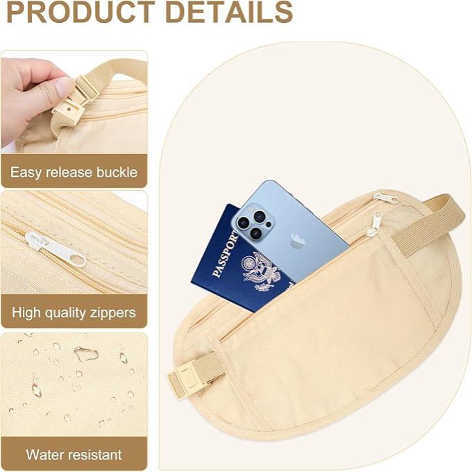 Marsupio beige con cerniere di alta qualità, fibbia a sgancio rapido, impermeabile, ideale per smartphone e passaporto. Accessorio da viaggio pratico.