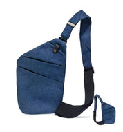Zaino a tracolla blu in tessuto resistente, design moderno e compatto, ideale per viaggi e uso quotidiano. Tasche multiple, cinghia regolabile.