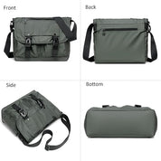Borsa a tracolla verde militare, vista frontale, posteriore, laterale e inferiore. Design moderno, tasche multiple, chiusure a fibbia.