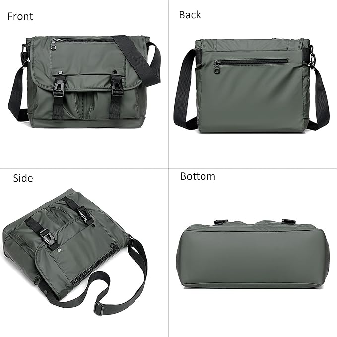 Borsa a tracolla verde militare, vista frontale, posteriore, laterale e inferiore. Design moderno, tasche multiple, chiusure a fibbia.