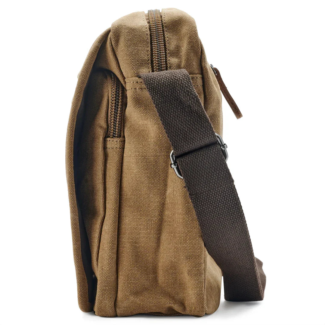 Borsa a tracolla in tela marrone, design vintage, con cerniera robusta e tracolla regolabile. Ideale per uomo e donna, perfetta per uso quotidiano.
