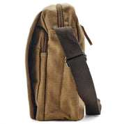 Borsa a tracolla in tela marrone, design vintage, con cerniera robusta e tracolla regolabile. Ideale per uomo e donna, perfetta per uso quotidiano.