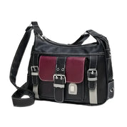 Borsa a tracolla in pelle nera con tasca frontale bordeaux e dettagli grigi. Design elegante, ideale per moda donna e accessori di tendenza.