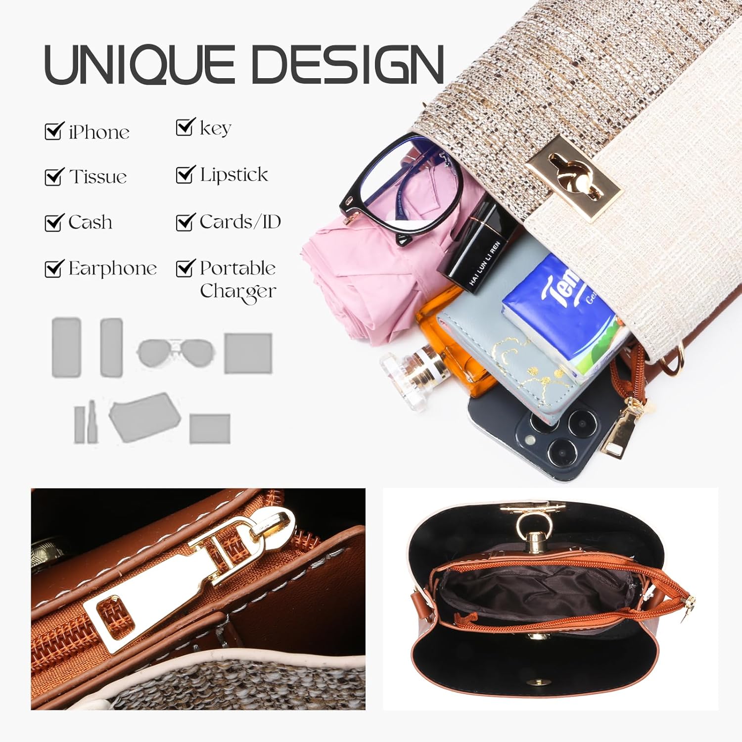 Borsa a tracolla elegante con design unico, scomparti multipli per iPhone, chiavi, contanti, carte, rossetto, fazzoletti, occhiali e caricatore portatile.