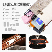 Borsa a tracolla elegante con design unico, scomparti multipli per iPhone, chiavi, contanti, carte, rossetto, fazzoletti, occhiali e caricatore portatile.