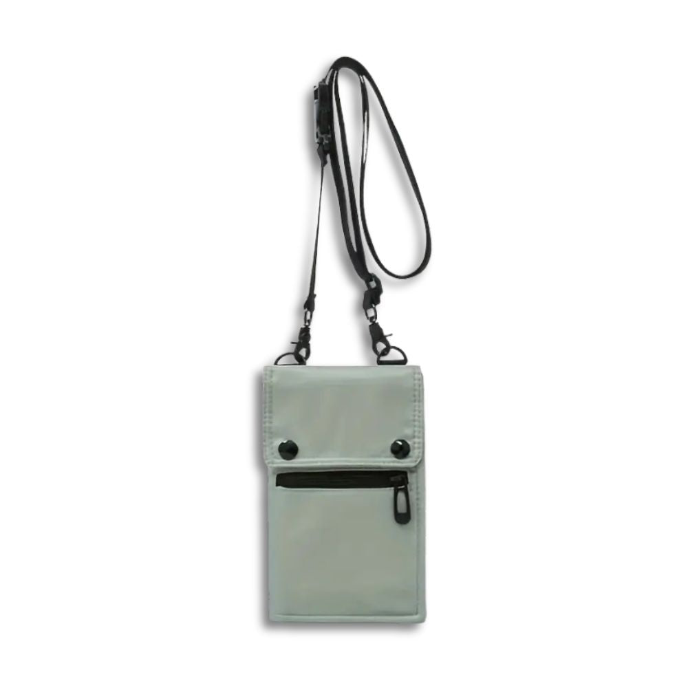 Borsa a tracolla grigia con tasca frontale con zip, design minimalista, ideale per smartphone e accessori. Tracolla regolabile nera.